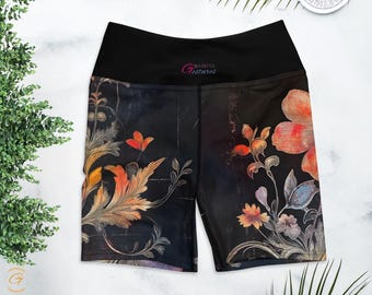 Floral Biker Shorts: High Waist Yoga Workout Shorts with Vintage Botanical Print