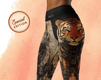 Cyber Tiger Print Leggings: High Waist Yoga Pants, Plus Size Activewear
