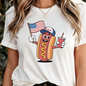 Camiseta divertida de perrito caliente patriótico, camiseta con gráfico de la bandera y bebida de EE. UU., camiseta informal con perrito caliente del Día de la Independencia, camiseta con gráfico de regalo del 4 de julio