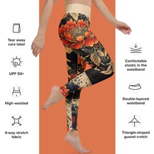 May include: High-waisted leggings with a vibrant floral design in red, orange, and gold on a black background. Features include a comfortable elastic waistband, double-layered waistband, and a triangle-shaped gusset crotch. The leggings have a 4-way stretch fabric and UPF 50+ protection.