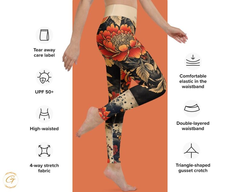 May include: High-waisted leggings with a vibrant floral design in red, orange, and gold on a black background. Features include a comfortable elastic waistband, double-layered waistband, and a triangle-shaped gusset crotch. The leggings have a 4-way stretch fabric and UPF 50+ protection.