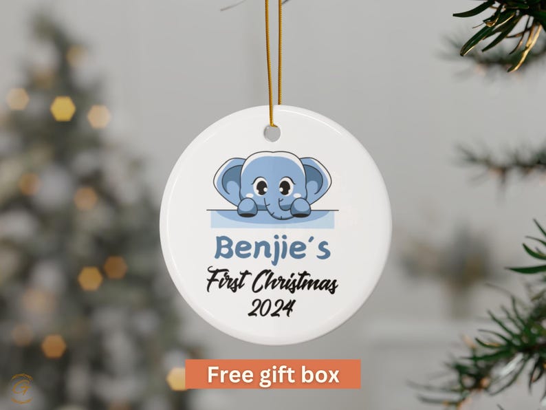 Personalized Baby's First Christmas Ornament 2024, Custom Blue Elephant