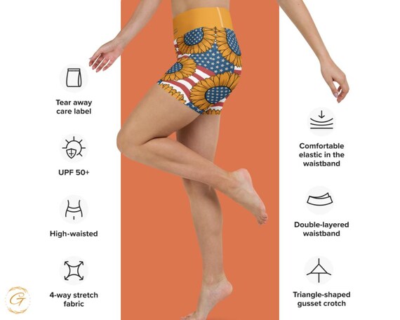 July 4th Yoga Shorts Sunflower American Flag Yoga Shorts High