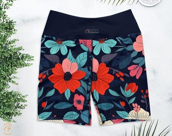 Yogashort met bloemenprint: rekbare sportkleding met hoge taille