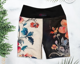 Floral Biker Shorts: Vintage Botanical Print, High Waist Yogawear