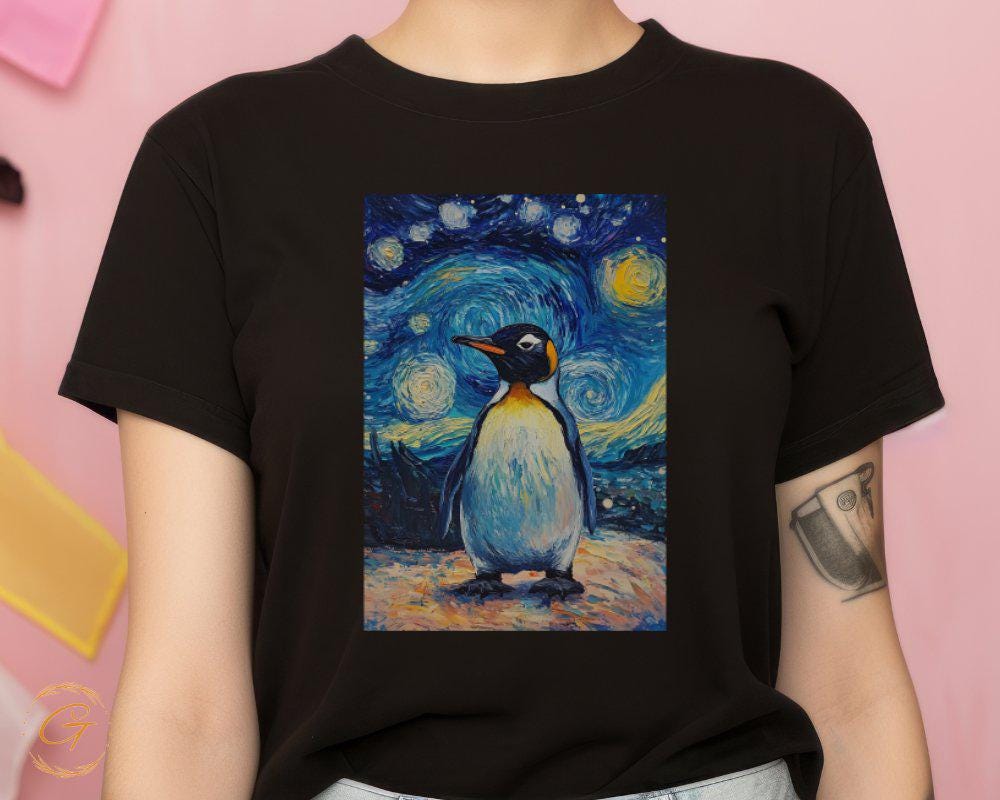 Penguin Starry Night T-Shirt, Van Gogh Inspired Graphic Shirt, Art Lover Ideal Gift, Unique Casual Top Cute and Fun Shirt Vibrant Art Design