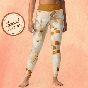 Beige Floral Yoga Leggings | Boho Stretch Pants | Autumn Tones Workout Leggings | High Waist Fitness Tights for Women | Comfy Workout Pants