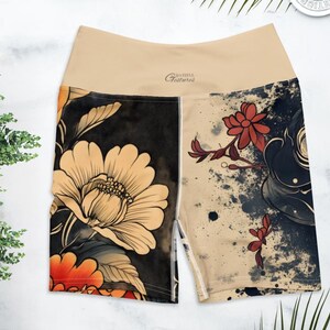 Art Floral Yoga Shorts for Women | High Waist Stretch Activewear | Unique Boho Ink Print Workout Shorts | Gym & Lounge Comfort | Yoga Wear