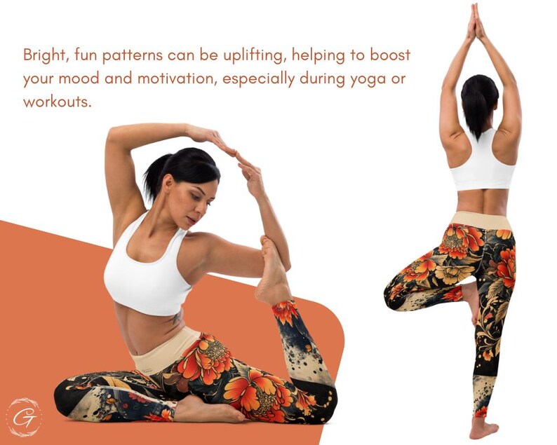May include: A woman in a white sports bra and floral leggings, demonstrating yoga poses. The leggings have a black base with orange and yellow floral patterns. The image includes text: Bright, fun patterns can be uplifting, helping to boost your mood and motivation, especially during yoga or workouts.