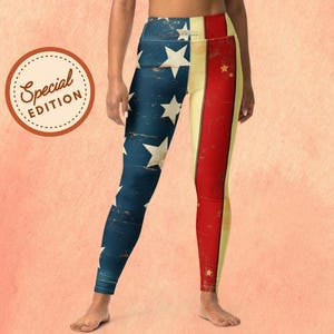 4th of July Yoga Leggings – Women’s Vintage Stars & Stripes Leggings, High Waist USA Workout Pants, Patriotic Flag Print Tights -July 4 Wear