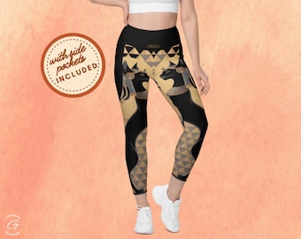 Leggings tascabili Anubis, pantaloni da yoga egiziani neri e dorati