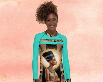 Maglia protettiva anti-Umanità con dee egizie, top yoga Nefertiti, maglia a maniche lunghe per allenamento, costume da bagno estetico, top sportivo boho, abbigliamento sportivo per festival