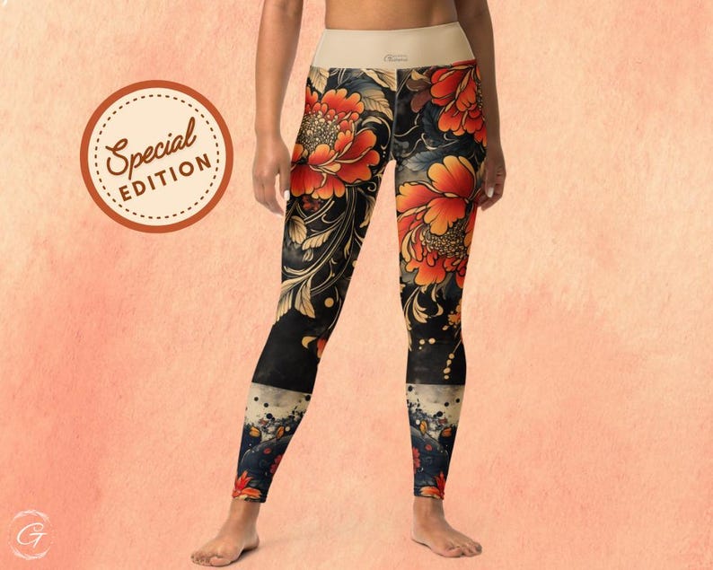 Woman wearing high-waisted yoga leggings with bold Japanese peony tattoo design in black, red, and beige tones