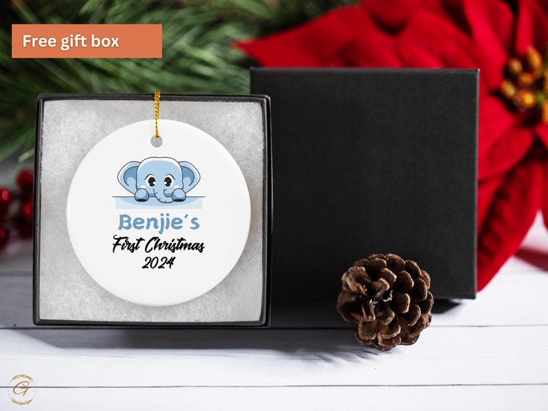 Personalized Baby's First Christmas Ornament 2024, Custom Blue Elephant