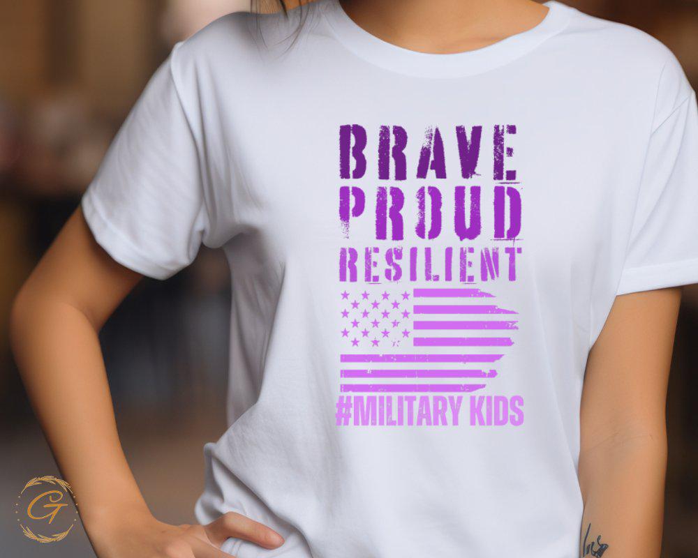 Brave Proud Resilient Military Kids Tee, Patriotic Kids Army Support Top, American Flag Youth Shirt, Gift for Military Family, USA Pride Tee