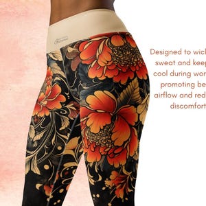 May include: Black leggings with a striking floral pattern in orange and gold. The leggings have a beige waistband and include the text: "Designed to wick away sweat and keep you cool during workouts, promoting better airflow and reducing discomfort."