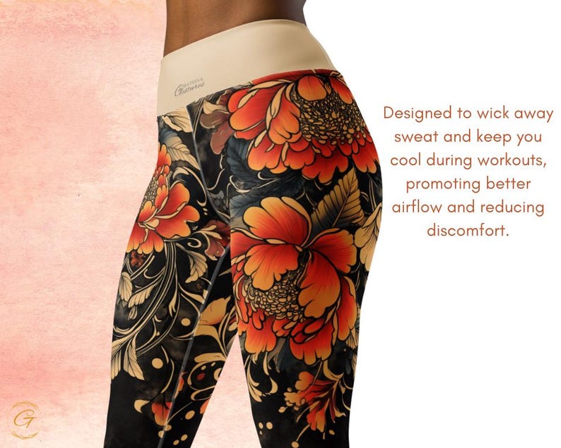 May include: Black leggings with a striking floral pattern in orange and gold. The leggings have a beige waistband and include the text: "Designed to wick away sweat and keep you cool during workouts, promoting better airflow and reducing discomfort."