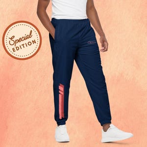 Navy Blue Minimalist Track Pants for Men | Lightweight Athletic Joggers | Streetwear Sweatpants with Pink Stripe Detail