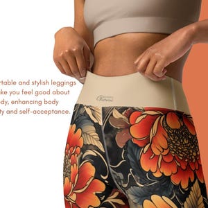 May include: High-waisted leggings featuring a vibrant floral design in orange, red, and yellow. The leggings have a beige waistband with the text "G". The image includes the text: "Comfortable and stylish leggings can make you feel good about your body, enhancing body positivity and self-acceptance."
