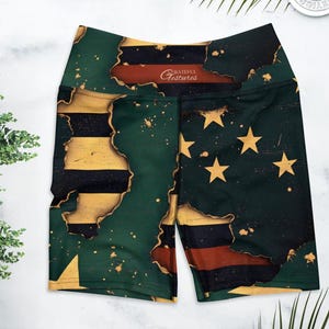 Distressed Patriotic Yoga Shorts —Burnt Flag Star Design, High Waist Festival Shorts, Vintage 4th of July Americana Activewear for Women USA