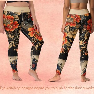 May include: Black leggings with a floral design featuring large orange and yellow flowers. The leggings have a beige waistband and a decorative panel at the bottom. The text at the bottom says, "Eye-catching designs inspire you to push harder during workouts."