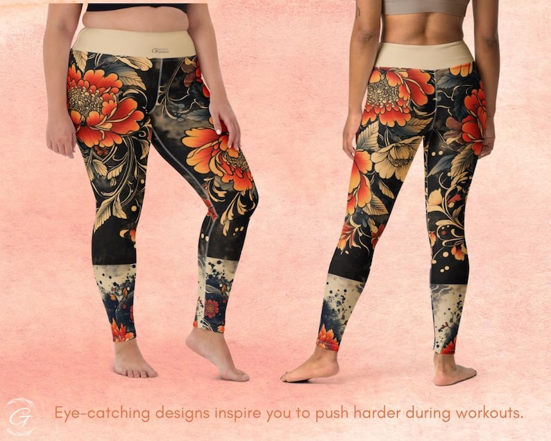 May include: Black leggings with a floral design featuring large orange and yellow flowers. The leggings have a beige waistband and a decorative panel at the bottom. The text at the bottom says, "Eye-catching designs inspire you to push harder during workouts."