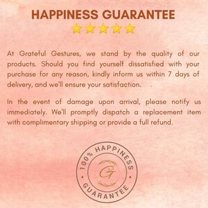 May include: A peach-coloured graphic with the text "HAPPINESS GUARANTEE" and four gold stars. The text below details a satisfaction guarantee, including refunds and replacements. A circular logo with the words "100% HAPPINESS GUARANTEE" is at the bottom.