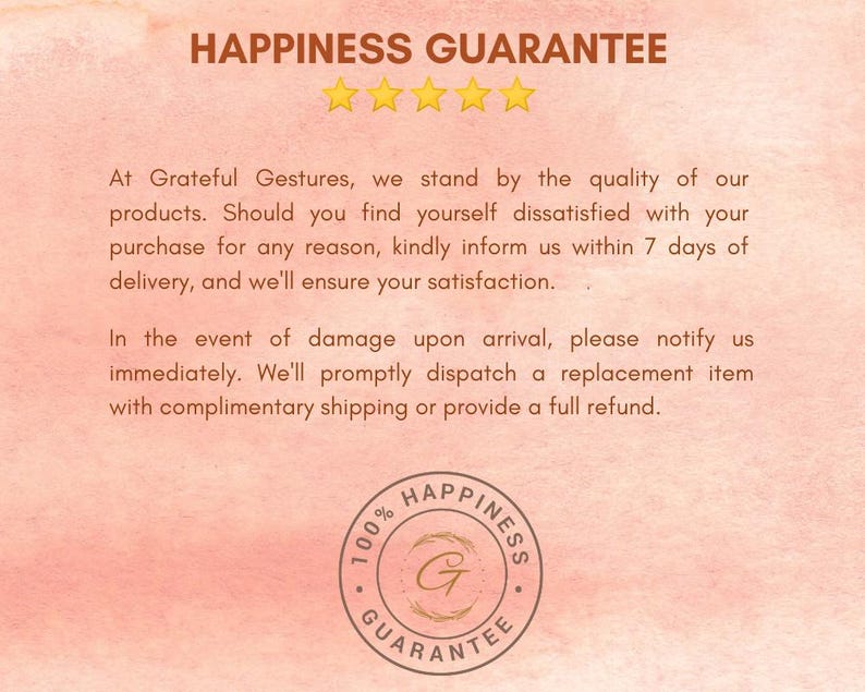 May include: A peach-coloured graphic with the text "HAPPINESS GUARANTEE" and four gold stars. The text below details a satisfaction guarantee, including refunds and replacements. A circular logo with the words "100% HAPPINESS GUARANTEE" is at the bottom.
