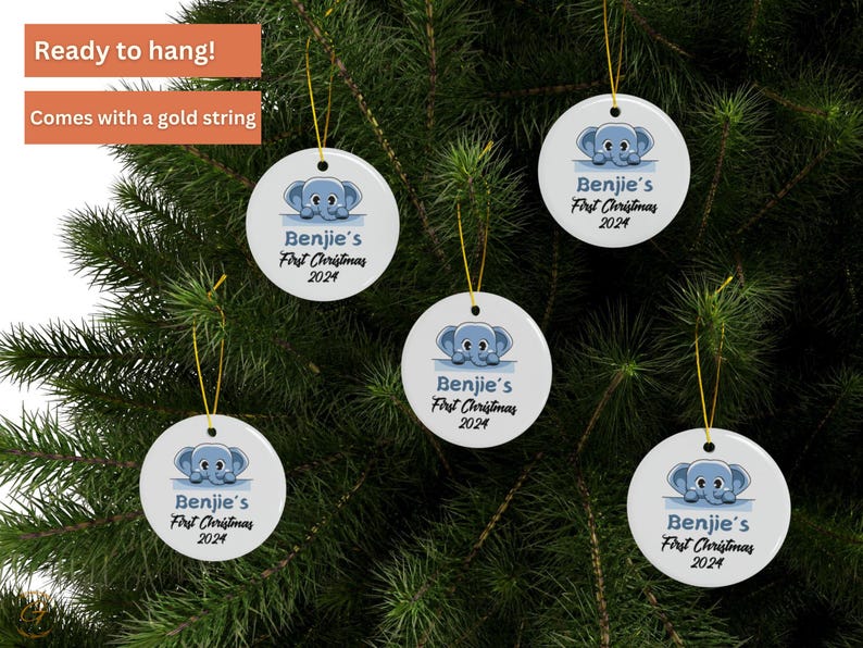 Personalized Baby's First Christmas Ornament 2024, Custom Blue Elephant