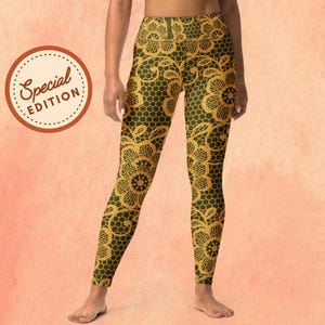High Waist Golden Lace Yoga Leggings Women Buttery Soft Stretchy Workout Pants Floral Print Stylish Boho Gym to Street Yoga Activewear