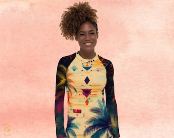 Maglia a maniche lunghe da donna, protezione solare UPF 50+, top da surf con palme tropicali, maglia a compressione BJJ in poliestere riciclato