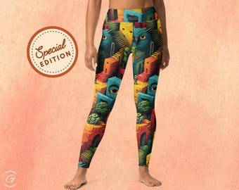 Surreal Art Yoga Leggings: High Waist Abstract Face Print - Athleisure Wear