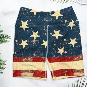 Retro USA Flag Yoga Shorts Women – 4th of July Activewear, High Waist Stars & Stripes Shorts, Patriotic Workout Bottoms | USA Red White Blue