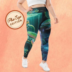 May include: Plus size leggings featuring a vibrant underwater scene with sea turtles in shades of green, blue, and teal. The leggings have a high waistband and a dark background, creating a striking contrast. The design includes the text "Plus Size Edition".