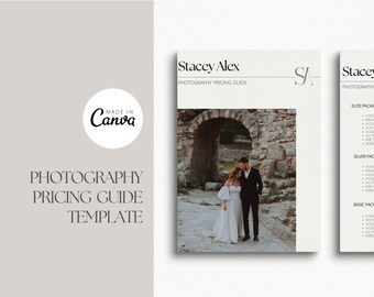 Pode incluir: Um modelo de guia de preços de fotografia com fundo branco e texto preto. O modelo inclui uma foto de um casal em frente a um arco e uma lista de pacotes de fotografia com descrições e preços. O texto no modelo diz "Stacey Alex Guia de preços de fotografia" e "SA".