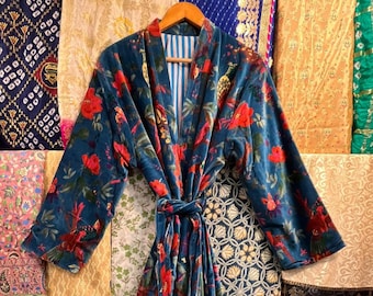 Handmade Bird Print Velvet Kimono Robe: Blue Floral Cotton Dressing Gown
