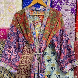 Handmade Silk Patchwork Kimono Robe: Bohemian Sari Jacket