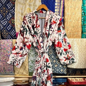 Boho Velvet Kimono Robe/ Japanese Bired Print Jacket Cardigan/ Long Sleeve Hippie Boho Luxury Resort Wear Kimono/ Holiday Vacation Wear Robe