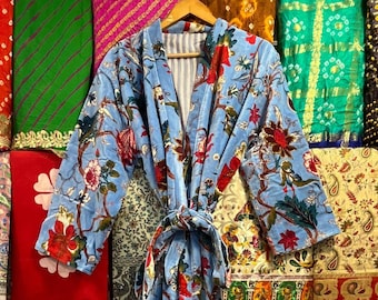 Handmade Bird Print Velvet Kimono Robe: Cotton Boho Jacket