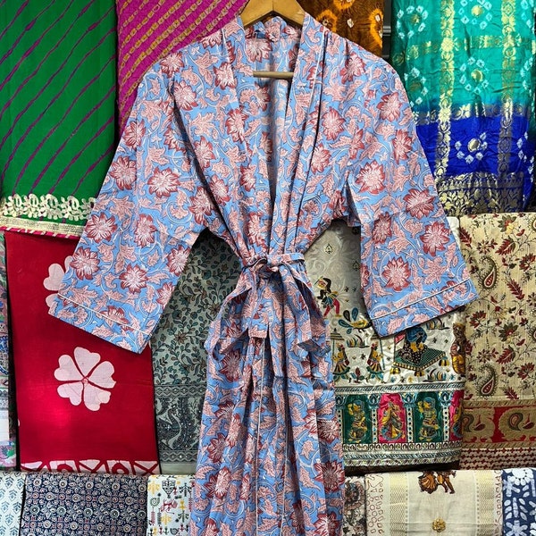 Women's Cotton Kimono Robe, Block Print Luxury Cardigan Nightwear Dressing Gown, Kimono Swimsuit Coverup Duster Robe, Summer Beach Cover Ups