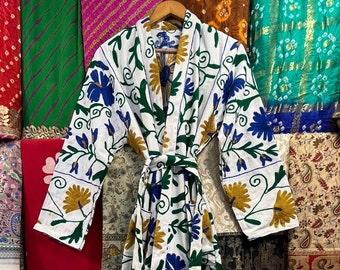 Handmade Suzani Floral Kimono Robe: Embroidered Cotton Boho Gown