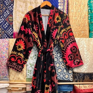 Handmade Floral Velvet Kimono Robe: Boho Resort Wear