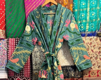 Handmade Cotton Suzani Embroidery Jacket: Floral Kimono Robe