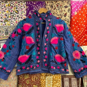 Handmade Suzani Embroidery Cotton Jacket: Indian Autumn Coat