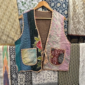 Handmade Cropped Quilted Vest: Cotton Kimono Jacket, Stripe Piping