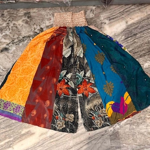 Silk Wide Leg Trouser For Women, Multi Layered Palazzo Pant, Boho Hippie Patchwork Trouser, Women&#39;s Trending Summer Pants, Plus Size Pants