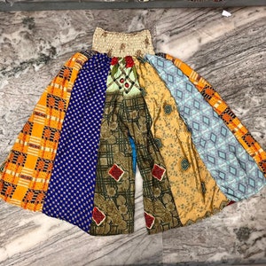 Handmade Silk Patchwork Palazzo Pants: High Waist Wide Leg Trousers