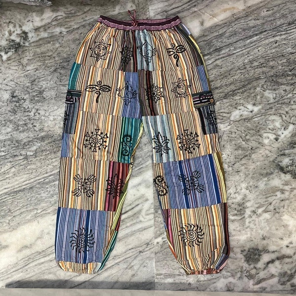 Hand Printed Pants, Bohemian Patchwork Hippie Pants with Pockets, Cotton Harem Gypsy Trousers, Unisex Summer Clothes, Comfy Yoga Beach Pants