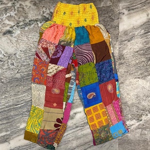 Boho Patchwork Palazzo Pants: Recycled Sari Silk Trousers