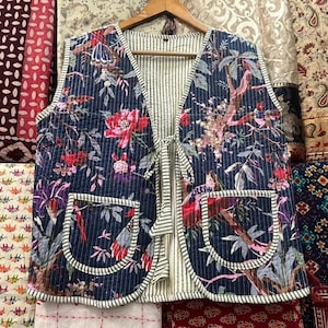 Reversible Quilted Cotton Vest: Block Printed Bohemian Kantha Jacket